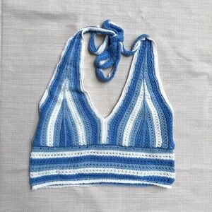 Hollister 100% Cotton Knit Stripe Cropped Neck Tie Halter Blue White Large